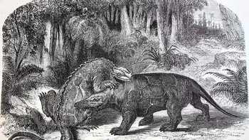 Dinosaurus pertama yang pernah ditemukan adalah Megalosaurus dan Iguanodon, yang digambarkan di sini dalam ilustrasi tahun 1863. Ilmuwan awal mengira hewan-hewan ini adalah kadal raksasa, dan lebih mirip badak bersisik daripada dinosaurus yang kita pahami sekarang. Foto: via Daily Mail