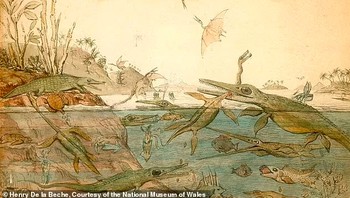 Lukisan Duria Antiquor (A More Ancient Dorset), dilukis pada tahun 1830 dan diyakini sebagai karya paleoart pertama yang menggambarkan kehidupan dinosaurus berdasarkan catatan fosil. Foto: via Daily Mail