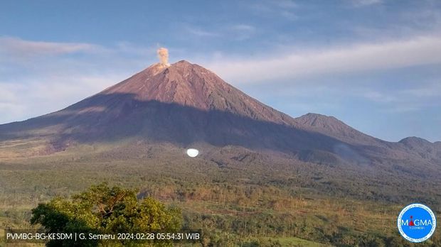 erupsi G. Semeru pada hari Rabu, 28 Februari 2024, pukul 05:53 WIB dengan tinggi kolom abu teramati ± 500 m