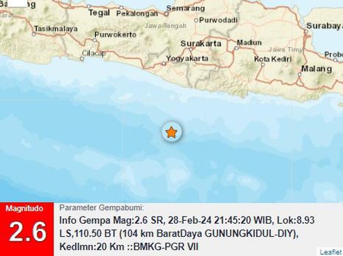 Gempa bumi berkekuatan magnitudo (M) 2,6 di perairan Kabupaten Gunungkidul, Daerah Istimewa Yogyakarta (DIY) pukul 21.45 WIB, Rabu (28/2/2024).