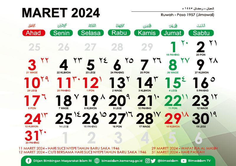 Kalender Maret 2024 Lengkap Tanggal Merah, Weton, Hijriah, Unduh di Sini!