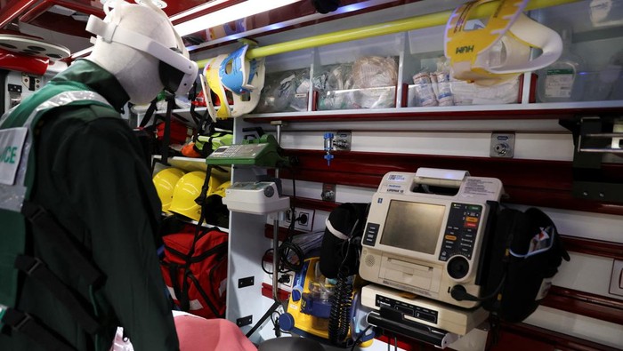 An ambulance with a headset, that helps doctors monitor and help patients from a distance, is showcased at the Mobile World Congress (MWC) in Barcelona, Spain February 27, 2024. REUTERS/Bruna Casas