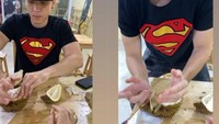 Selain mie ayam dan mie pedas, Stefan juga penggemar berat durian. Dia mahir membelah durian. Foto: Instagram @stefanwiliam