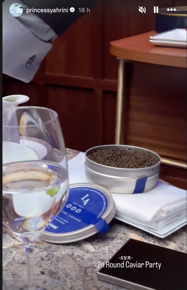 Beragam hidangan mewah pun disantap oleh Syahrini dan keluarganya. Salah satu hidangannya ialah caviar. Syahrini menyebutnya sebagai caviar party. Foto: Instagram/@princessyahrini