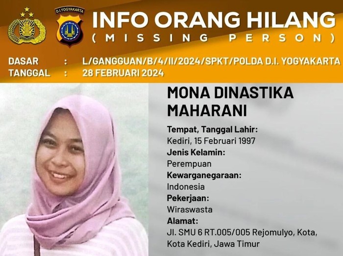 Tangkapan layar info orang hilang di akun Instagram Polda DIY, @poldajogja, Rabu (28/2/2024) malam/