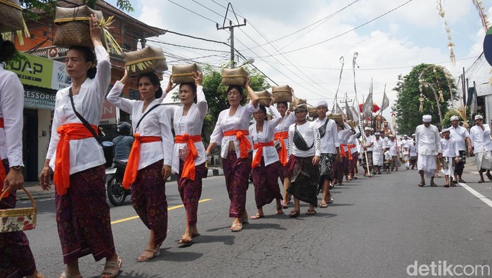 Umat Hindu di Desa Adat Lukluk, Kecamatan Mengwi, Kabupaten Badung, Bali melaksanakan tradisi mepeed saat Galungan, Rabu sore (28/2/2024). Para wanita mengusung keben atau wadah anyaman bambu berisi sesaji aneka buah dan jajanan untuk dihaturkan di pura. (Agus Eka/detikBali)