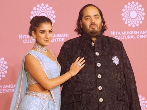 MUMBAI, INDIA - APRIL 01 : Radhika Merchant and Anant Ambani attend the launch of Nita Mukesh Ambani Cultural Centre (NMACC) on April 01, 2023 in Mumbai, India (Photo by Prodip Guha/Getty Images)