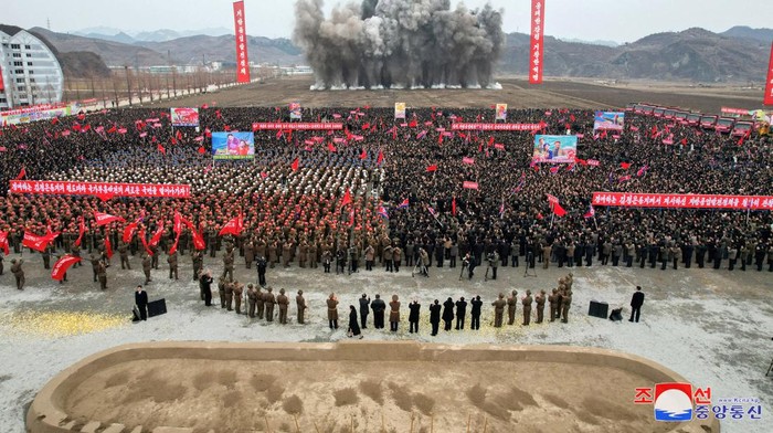 North Korean leader Kim Jong Un attends the groundbreaking ceremony for the construction of a factory in Songchon County, North Korea, February 28, 2024.    KCNA via REUTERS    ATTENTION EDITORS - THIS IMAGE WAS PROVIDED BY A THIRD PARTY. REUTERS IS UNABLE TO INDEPENDENTLY VERIFY THIS IMAGE. NO THIRD PARTY SALES. SOUTH KOREA OUT. NO COMMERCIAL OR EDITORIAL SALES IN SOUTH KOREA.