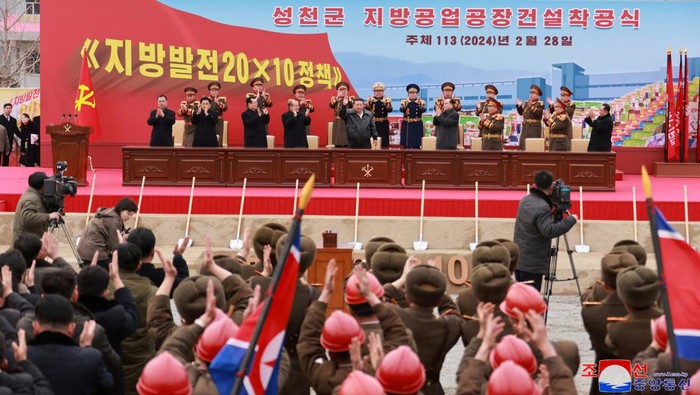 North Korean leader Kim Jong Un attends the groundbreaking ceremony for the construction of a factory in Songchon County, North Korea, February 28, 2024.    KCNA via REUTERS    ATTENTION EDITORS - THIS IMAGE WAS PROVIDED BY A THIRD PARTY. REUTERS IS UNABLE TO INDEPENDENTLY VERIFY THIS IMAGE. NO THIRD PARTY SALES. SOUTH KOREA OUT. NO COMMERCIAL OR EDITORIAL SALES IN SOUTH KOREA.