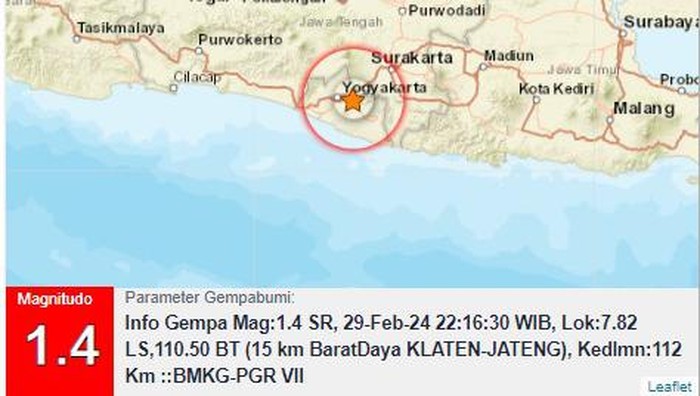 Gempa darat magnitudo (M) 1,4 di Klaten, Kamis (29/2/2024) pukul 22.16 WIB.