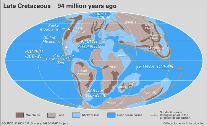 Paleogeografi dan paleooseanografi Zaman Kapur Akhir, 94 juta tahun lalu. Daratan Bumi terbagi atas superbenua purba Laurasia di Belahan Bumi Utara dan Gondwana di Belahan Bumi Selatan.