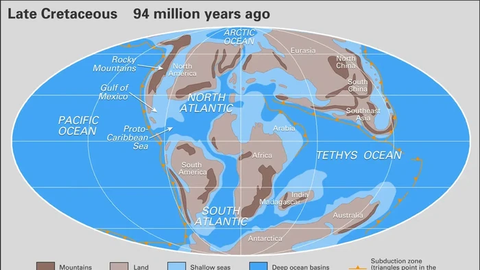 Paleogeografi dan paleooseanografi Zaman Kapur Akhir, 94 juta tahun lalu. Daratan Bumi terbagi atas superbenua purba Laurasia di Belahan Bumi Utara dan Gondwana di Belahan Bumi Selatan.