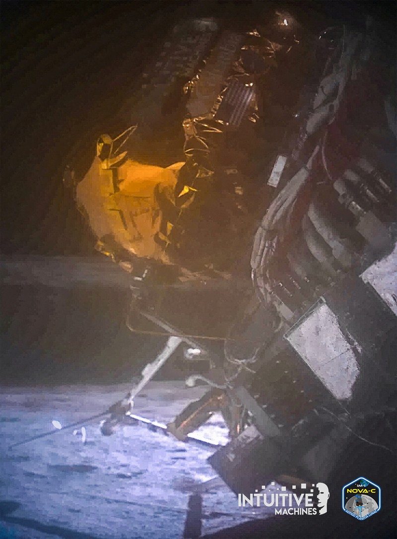 Intuitive Machines' Odysseus lunar lander is seen at its landing at the Malapert A site on the Moon February 27, 2024, in an image taken using its narrow-field-of-view camera. Intuitive Machines/Handout via REUTERS    THIS IMAGE HAS BEEN SUPPLIED BY A THIRD PARTY. NO RESALES. NO ARCHIVES. MANDATORY CREDIT