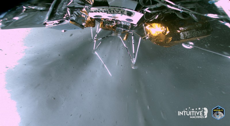 Intuitive Machines' Odysseus lunar lander is seen at its landing at the Malapert A site on the Moon February 27, 2024, in an image taken using its narrow-field-of-view camera. Intuitive Machines/Handout via REUTERS    THIS IMAGE HAS BEEN SUPPLIED BY A THIRD PARTY. NO RESALES. NO ARCHIVES. MANDATORY CREDIT