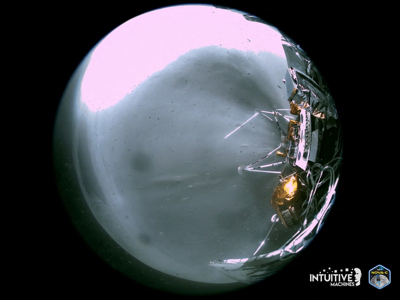 Intuitive Machines' Odysseus lunar lander is seen at its landing at the Malapert A site on the Moon February 27, 2024, in an image taken using its narrow-field-of-view camera. Intuitive Machines/Handout via REUTERS    THIS IMAGE HAS BEEN SUPPLIED BY A THIRD PARTY. NO RESALES. NO ARCHIVES. MANDATORY CREDIT