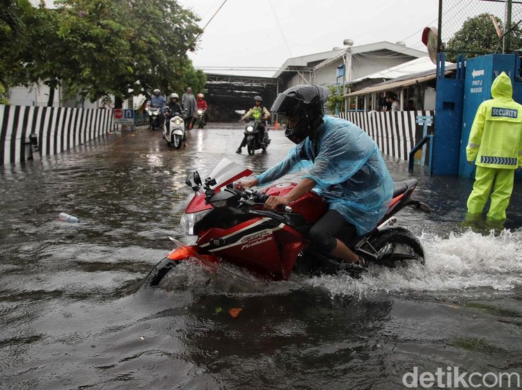 Pengendara Motor Nekat Terobos Banjir di Tanjung Priok