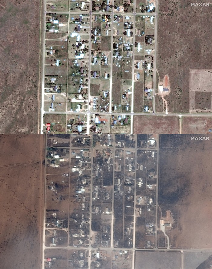 Potret Before-After Kebakaran Hutan di Texas yang Semakin Meluas A satellite view of an active fire line and burn scars from the Smokehouse Creek wildfire northwest of Miami, Texas, U.S. February 28, 2024. Maxar Technologies/Handout via REUTERS THIS IMAGE HAS BEEN SUPPLIED BY A THIRD PARTY. NO RESALES. NO ARCHIVES. MANDATORY CREDIT. DO NOT OBSCURE LOGO