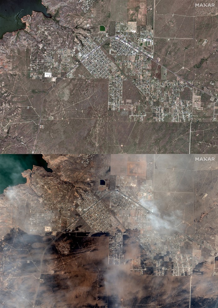 Potret Before-After Kebakaran Hutan di Texas yang Semakin Meluas A satellite view of an active fire line and burn scars from the Smokehouse Creek wildfire northwest of Miami, Texas, U.S. February 28, 2024. Maxar Technologies/Handout via REUTERS THIS IMAGE HAS BEEN SUPPLIED BY A THIRD PARTY. NO RESALES. NO ARCHIVES. MANDATORY CREDIT. DO NOT OBSCURE LOGO