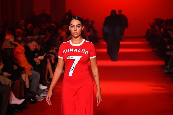 PARIS, FRANCE - MARCH 01: (EDITORIAL USE ONLY - For Non-Editorial use please seek approval from Fashion House)  Georgina Rodriguez walks the runway during the Vetements Womenswear Fall/Winter 2024-2025 show as part of Paris Fashion Week on March 01, 2024 in Paris, France. (Photo by Kristy Sparow/Getty Images)