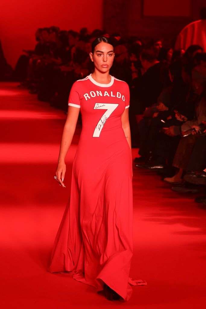 PARIS, FRANCE - MARCH 01: (EDITORIAL USE ONLY - For Non-Editorial use please seek approval from Fashion House) Georgina Rodriguez walks the runway during the Vetements Womenswear Fall/Winter 2024-2025 show as part of Paris Fashion Week on March 01, 2024 in Paris, France. (Photo by Pierre Suu/Getty Images)
