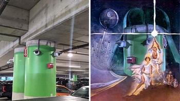 Tiang Hijau dengan Kamera Keamanan di Garasi Parkir Jadi Poster Film Star Wars. Foto: Reddit via Boredpanda