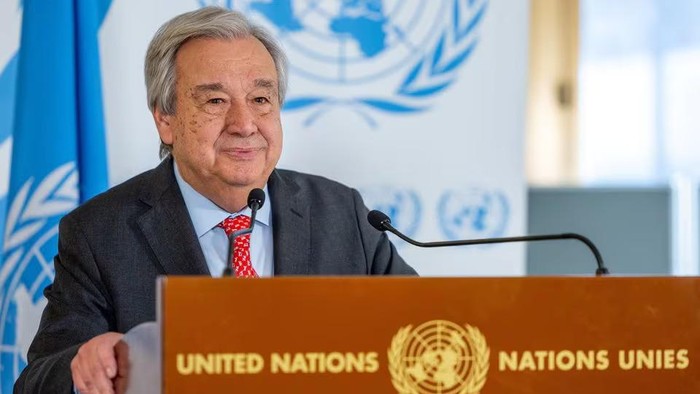 United Nations Secretary General Antonio Guterres speaks during a stake out at the Human Rights Council at the U.N. in Geneva, Switzerland, February 26, 2024. REUTERS/Denis Balibouse/File Photo Purchase Licensing Rights