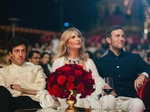 Ivanka Trump di Pesta Pranikah Anak Mukesh Ambani This photograph released by the Reliance group shows Ivanka Trump, center, and husband Jared Kushner, right, attending a pre-wedding bash of billionaire industrialist Mukesh Ambani's son Anant Ambani in Jamnagar, India, Saturday, Mar. 02, 2024.