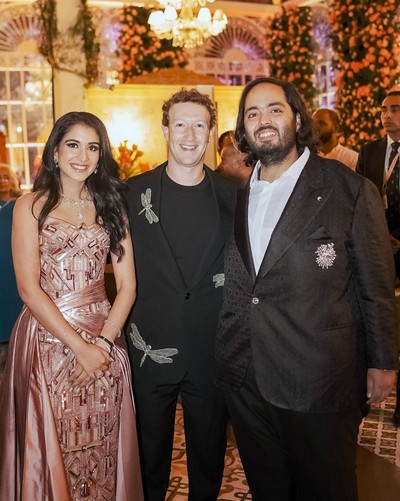 This photograph released by the Reliance group shows Mark Zuckerberg, center, posing for a photograph with   billionaire industrialist Mukesh Ambanis son Anant Ambani, right, and Radhika Merchant at their pre-wedding bash in Jamnagar, India, Saturday, Mar. 02, 2024.
