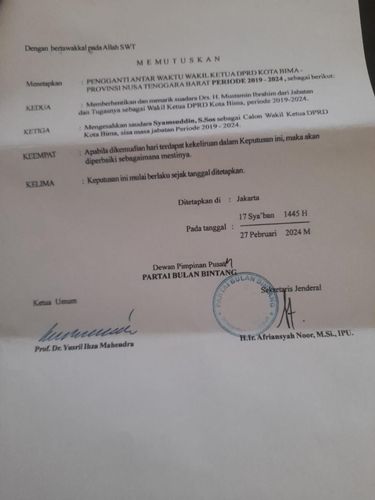 Surat PAW Wakil Ketua DPRD Kota Bima Mustamin Ibrahim yang diteken Ketua Umum PBB, Yusril Ihza Mahendra.