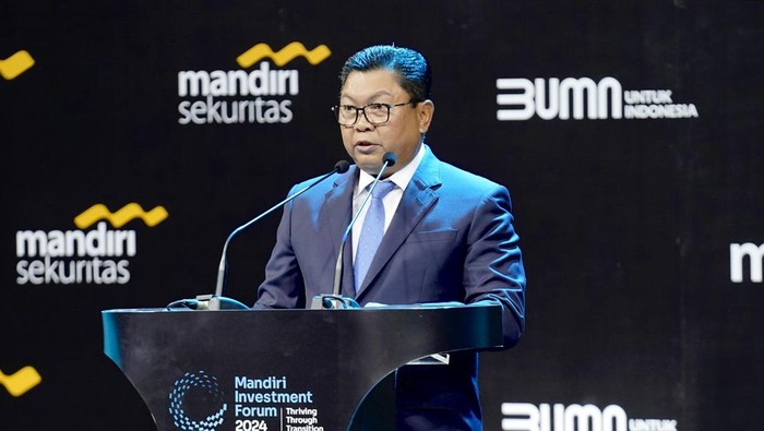 Direktur Utama Bank Mandiri Darmawan Junaidi di Mandiri Investment Forum 2024 di Jakarta, Selasa (5/3/2024).