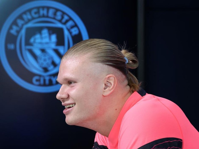 MANCHESTER, ENGLAND - MARCH 05: Erling Haaland of Manchester City faces the media during a press conference at Manchester City Football Academy on March 05, 2024 in Manchester, England. (Photo by Alex Livesey/Getty Images)