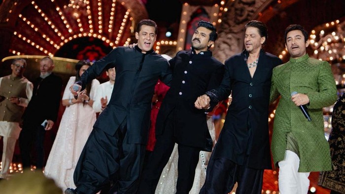 Actors Salman Khan, Ram Charan, Shah Rukh Khan and Aamir Khan perform during the pre-wedding celebrations of Anant Ambani, son of Mukesh Ambani, the Chairman of Reliance Industries, and Radhika Merchant, daughter of industrialist Viren Merchant, in Jamnagar, Gujarat, India, March 2, 2024. Reliance Industries/Handout via REUTERS THIS IMAGE HAS BEEN SUPPLIED BY A THIRD PARTY. NO RESALES. NO ARCHIVES.