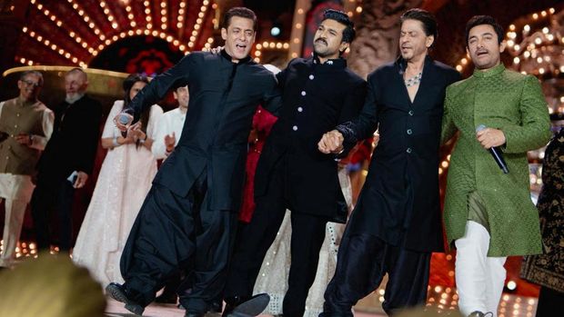 Actors Salman Khan, Ram Charan, Shah Rukh Khan and Aamir Khan perform during the pre-wedding celebrations of Anant Ambani, son of Mukesh Ambani, the Chairman of Reliance Industries, and Radhika Merchant, daughter of industrialist Viren Merchant, in Jamnagar, Gujarat, India, March 2, 2024. Reliance Industries/Handout via REUTERS THIS IMAGE HAS BEEN SUPPLIED BY A THIRD PARTY. NO RESALES. NO ARCHIVES.