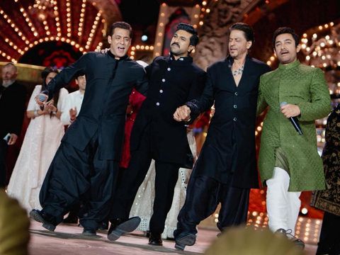 Actors Salman Khan, Ram Charan, Shah Rukh Khan and Aamir Khan perform during the pre-wedding celebrations of Anant Ambani, son of Mukesh Ambani, the Chairman of Reliance Industries, and Radhika Merchant, daughter of industrialist Viren Merchant, in Jamnagar, Gujarat, India, March 2, 2024. Reliance Industries/Handout via REUTERS THIS IMAGE HAS BEEN SUPPLIED BY A THIRD PARTY. NO RESALES. NO ARCHIVES.