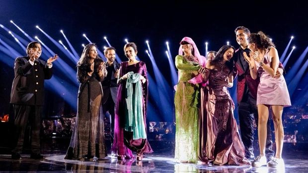 Mukesh Ambani, the Chairman of Reliance Industries, Radhika Merchant, Anant Ambani, Nita Ambani, Rihanna, Isha Piramal, Anand Piramal, Shloka Mehta Ambani and Akash Ambani react during pre-wedding celebrations of Anant and Radhika in Jamnagar, Gujarat, India, March 1, 2024. Reliance Industries/Handout via REUTERS THIS IMAGE HAS BEEN SUPPLIED BY A THIRD PARTY. NO RESALES. NO ARCHIVES.