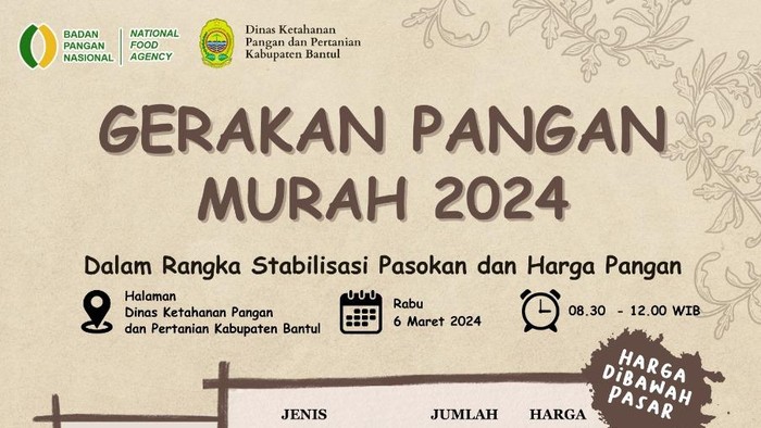 Informasi jadwal pasar murah di halaman Kantor DKPP Kabupaten Bantul, Rabu (6/3/2024).