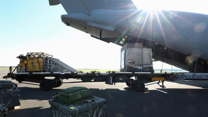 Humanitarian aid, destined for an airdrop over Gaza, is loaded aboard a Belgian Air Force Airbus A400M Atlas, at Belgian military airport in Melsbroek, Belgium March 4, 2024. REUTERS/Yves Herman