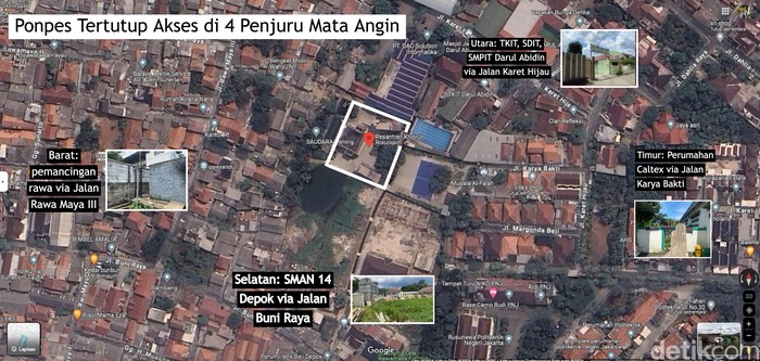 Ponpes Khoirur Rooziqiin, yang berlokasi di Beji, Depok, tertutup aksesnya dari empat penjuru mata angin. Saat ini tak ada akses ke Ponpes Khoirur Rooziqiin. (Repro Google Maps/detikcom)