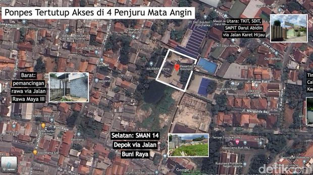 Ponpes Khoirur Rooziqiin, yang berlokasi di Beji, Depok, tertutup aksesnya dari empat penjuru mata angin. Saat ini tak ada akses ke Ponpes Khoirur Rooziqiin. (Repro Google Maps/detikcom)
