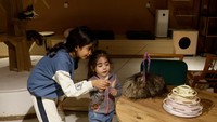 Anak-anak nampak senang bermain dengan kucing di kafe tersebut.  