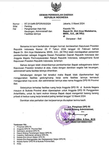 Surat penghentian hak-hak Arya Wedakarna sebagai anggota DPD.