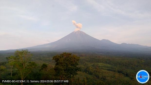 gunung semeru erupsi Rabu, 06 Maret 2024, pukul 05:52 WIB dengan tinggi kolom abu teramati ± 800 m