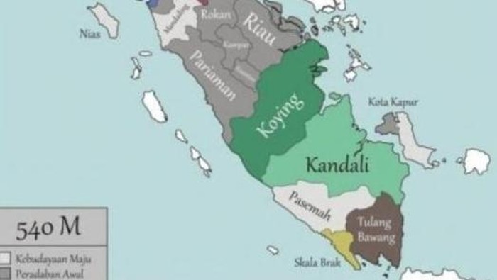 Peta kerajaan-kerajaan di Pulau Sumatera pada 540 masehi.