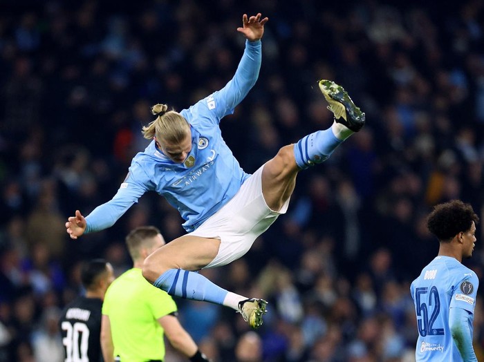 Soccer Football - Champions League - Round of 16 - Second Leg - Manchester City v FC Copenhagen - Etihad Stadium, Manchester, Britain - March 6, 2024 Manchester Citys Erling Braut Haaland celebrates scoring their third goal REUTERS/Carl Recine