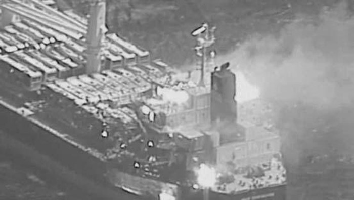 An aerial view of the Barbados-flagged ship True Confidence ablaze following a Houthi missile attack at sea, March 6, 2024, in this handout photo. DVIDS/Handout via REUTERS    THIS IMAGE HAS BEEN SUPPLIED BY A THIRD PARTY     TPX IMAGES OF THE DAY