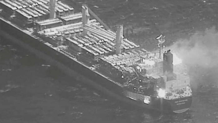 An aerial view of the Barbados-flagged ship True Confidence ablaze following a Houthi missile attack at sea, March 6, 2024, in this handout photo. DVIDS/Handout via REUTERS    THIS IMAGE HAS BEEN SUPPLIED BY A THIRD PARTY     TPX IMAGES OF THE DAY