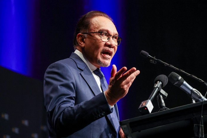 Malaysias Prime Minister Anwar Ibrahim speaks during an event at the Australian National University (ANU) in Canberra on March 7, 2024. (Photo by DAVID GRAY / AFP)
