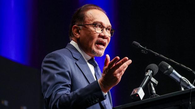 Malaysia's Prime Minister Anwar Ibrahim speaks during an event at the Australian National University (ANU) in Canberra on March 7, 2024. (Photo by DAVID GRAY / AFP)
