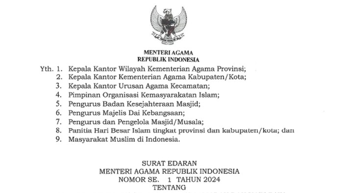 Surat Edaran Menag tentang Panduan Ibadah Ramadan dan Idul Fitri 2024.