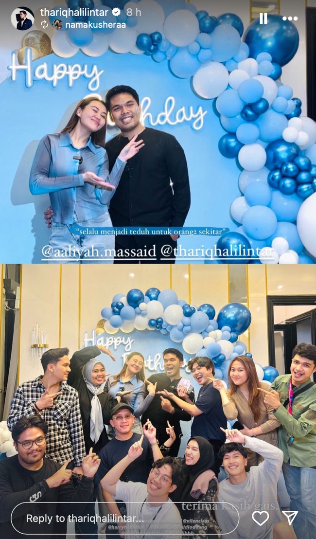 Aaliyah Massaid mendapat beragam kejutan dari sang kekasih, Thariq Halilintar di hari ulang tahunnya yang jatuh pada 8 Maret 2024. Kini sudah berusia 22 tahun, Aaliyah pun tampak begitu bahagia di hari ulang tahunnya. Foto: Instagram/@thariqhalilintar